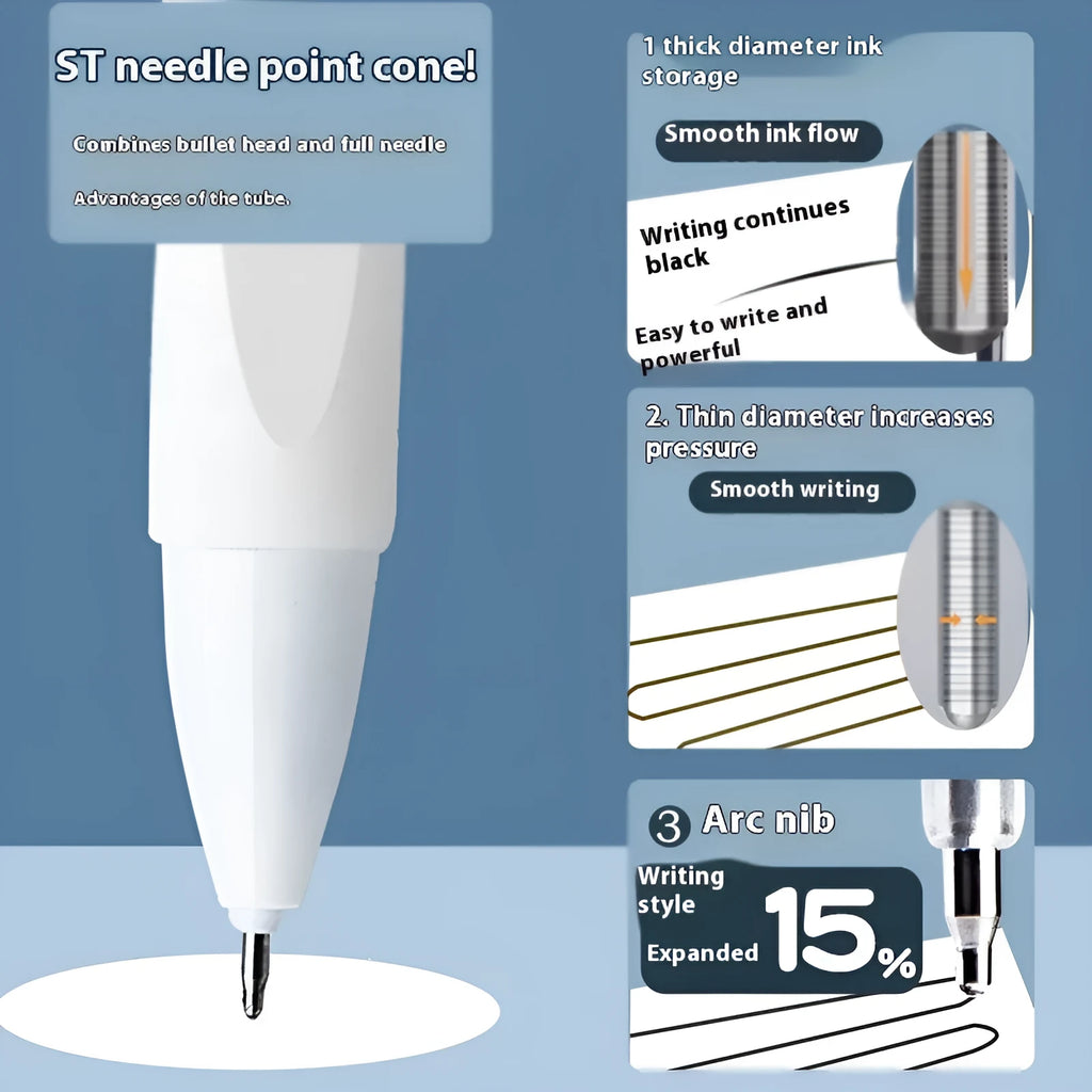 Four quick-drying pen refill cartridges showing black, blue, red, and ink blue colours with 500m writing length text.