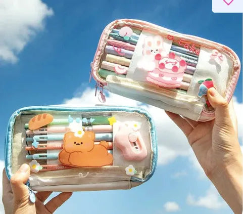 Transparent heart-design pencil case with TPU material showing pens inside
