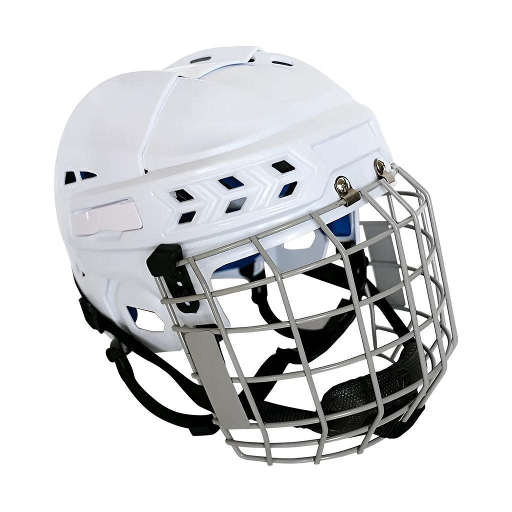 Ice hockey helmet with carbon steel face mask showing impact-resistant construction