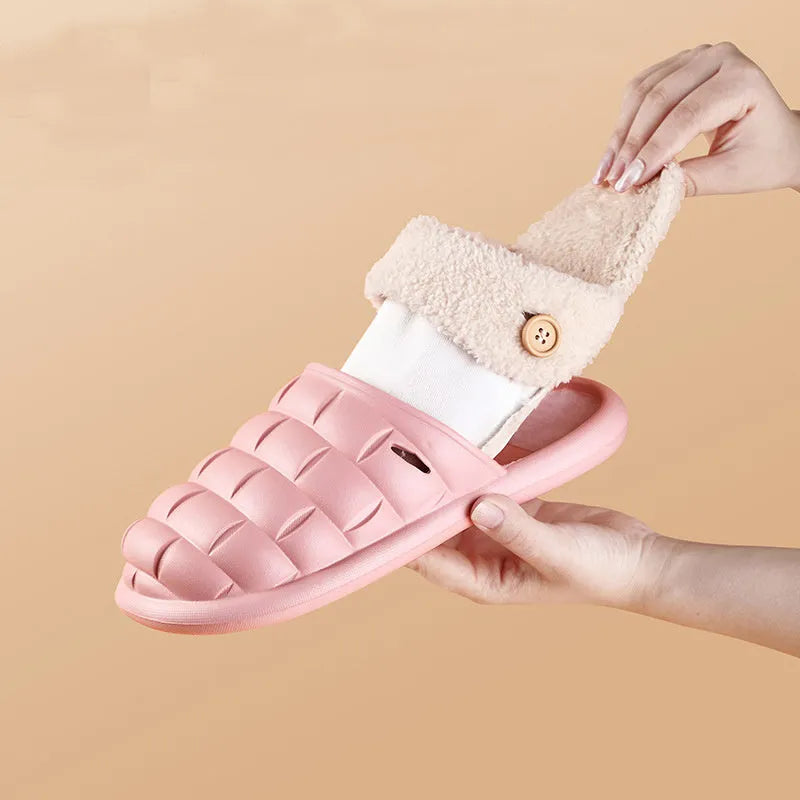 Detachable EVA slippers with plush lining in multiple colours showing round toe and flat heel design