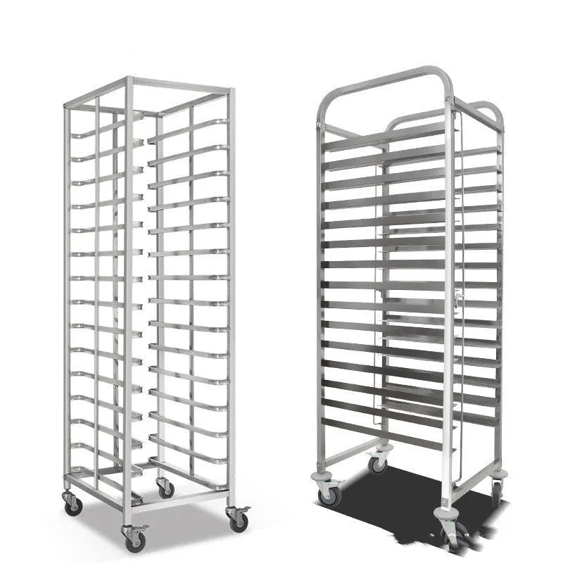 Six-tier stainless steel baking cooling rack with locking mechanism for 40x60cm trays.