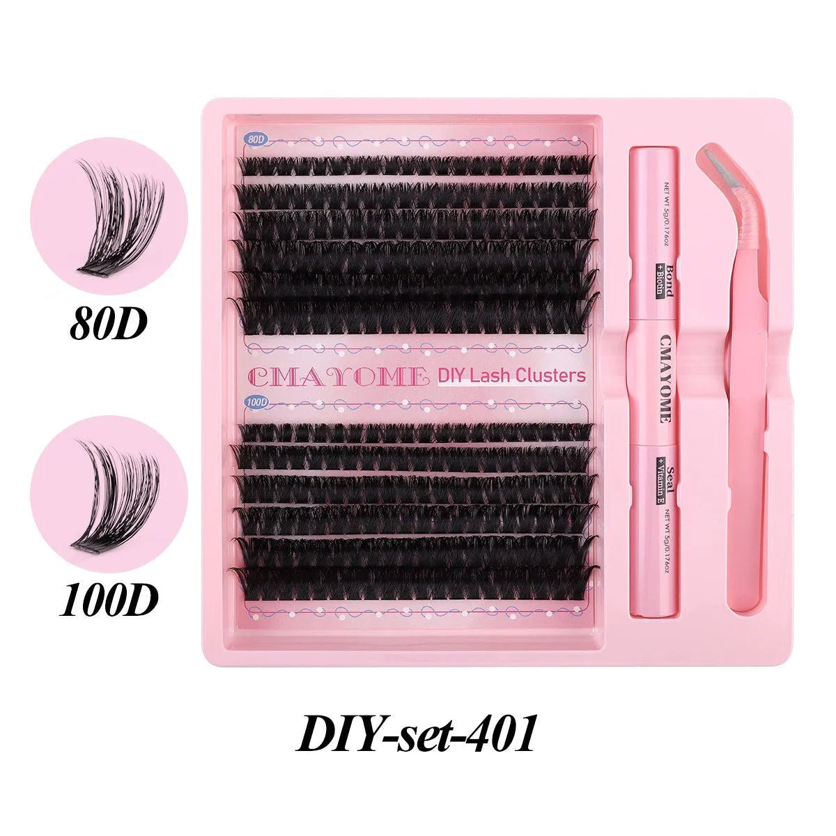 DIY single cluster false eyelashes, artificial fibre, individual lashes on a clear tray.
