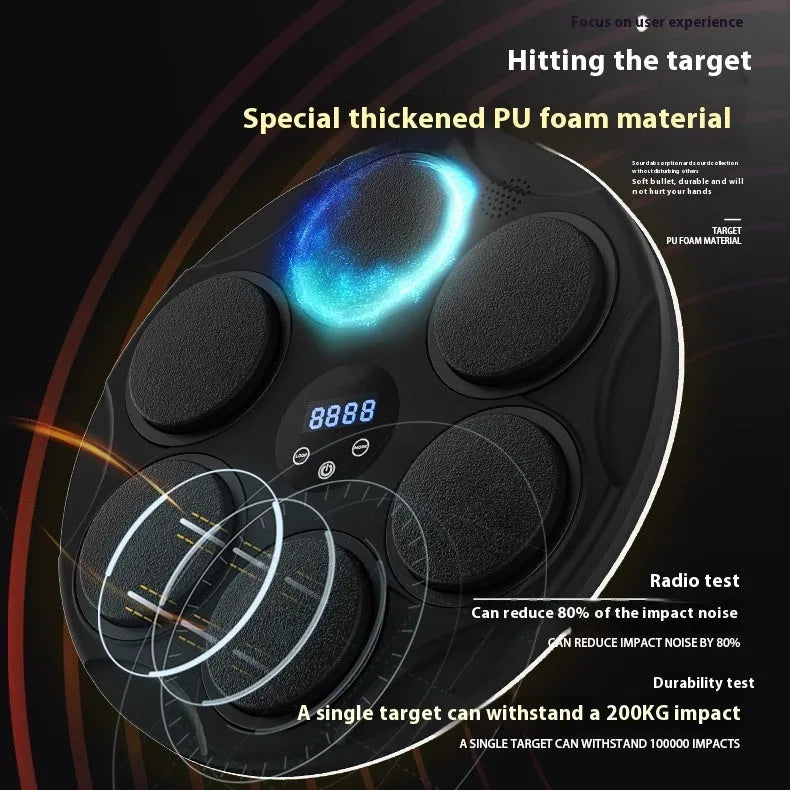 Black wall-mounted boxing target with coloured LED lights and Bluetooth connectivity for fitness training