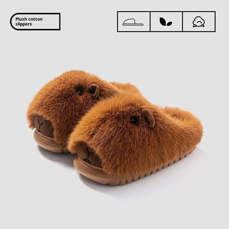 Womens autumn winter fashion cartoon plush slippers in dark brown with shearling lining and EVA sole