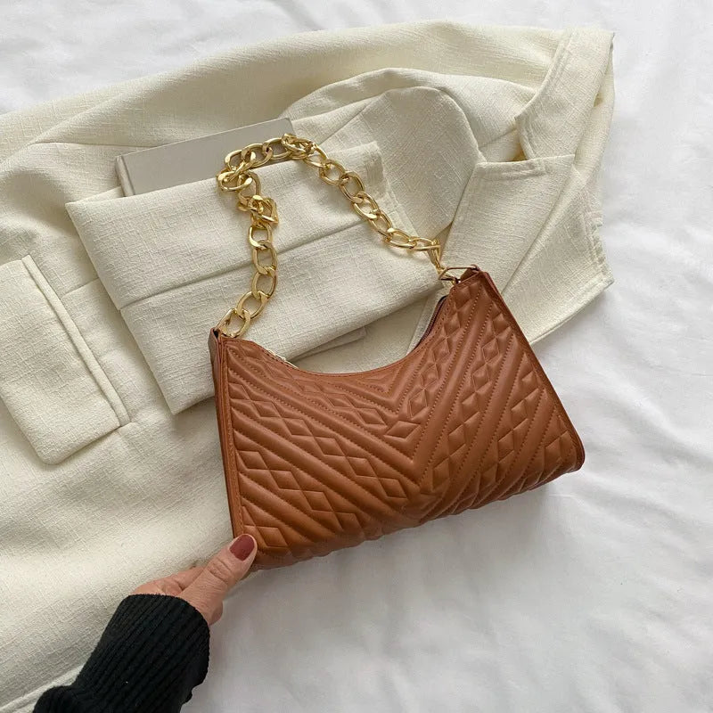 PU leather pleated chain baguette shoulder bag in vertical square shape with soft surface texture