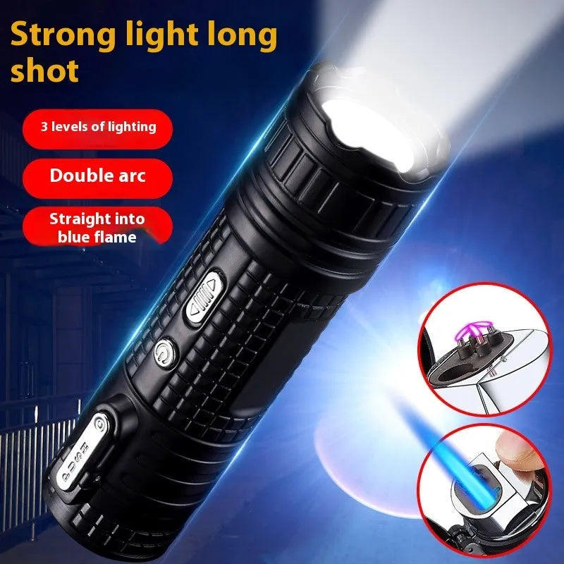 TH727 multifunction metal flashlight lighter shown in camouflage, red, black, blue, and yellow colour options.