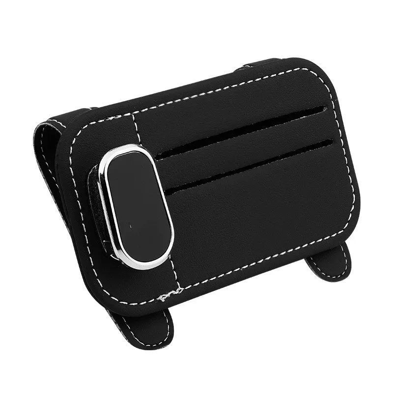 Cowhide leather car sun visor card holder with attached glasses clip in beige colour