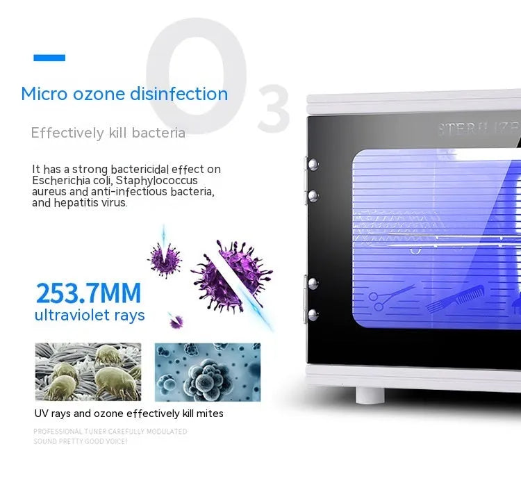 Small silver ultraviolet sterilizer with stainless steel chamber for salon tool hygiene.