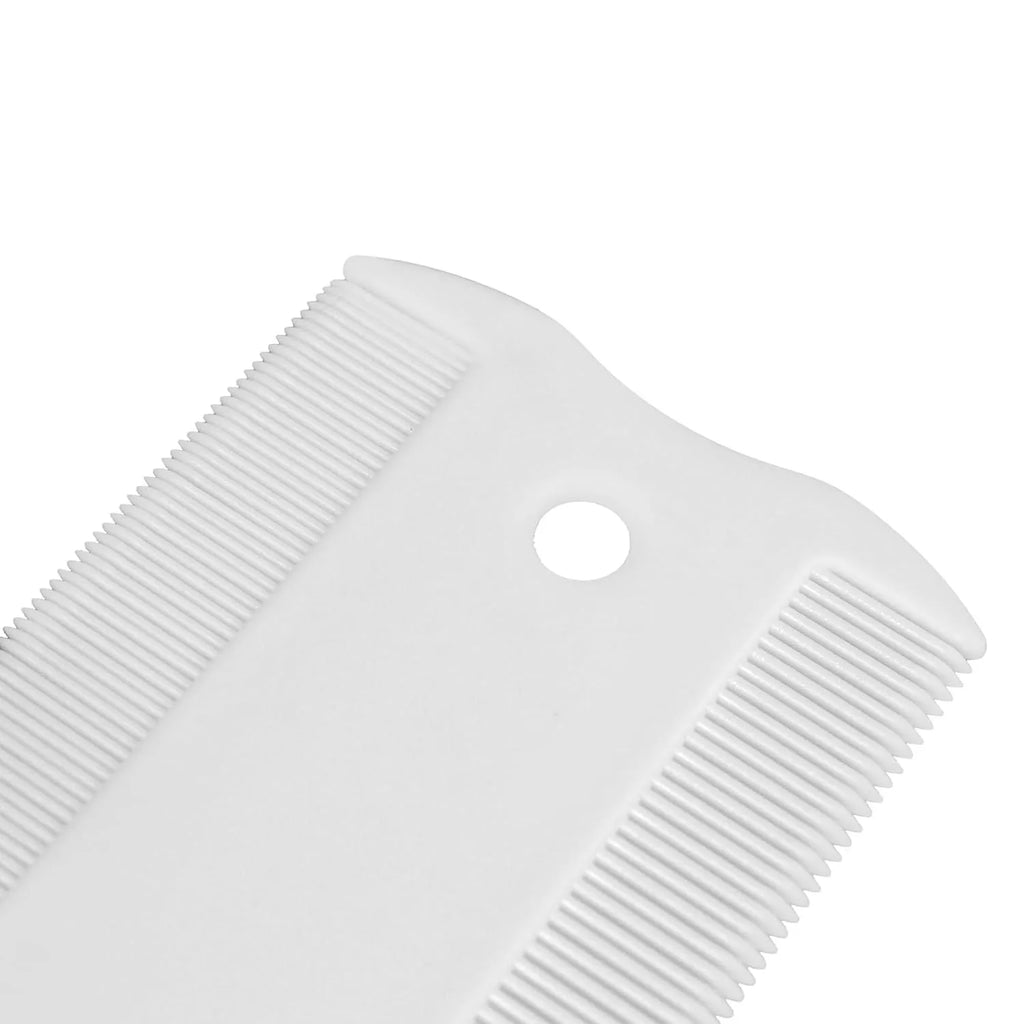 Double-sided plastic flea comb for dogs and cats with dense teeth for removing fleas and cleaning tear stains.