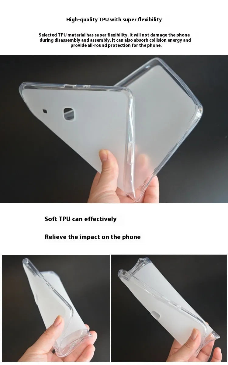 Clear transparent ultra-thin silicone protective case for a tablet on a plain background.