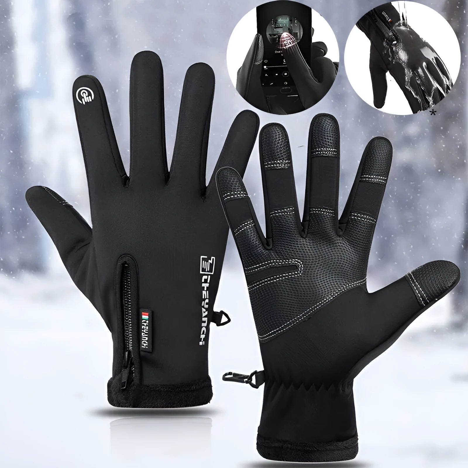 Winter cycling gloves in black with non-slip grip and touchscreen fingertips