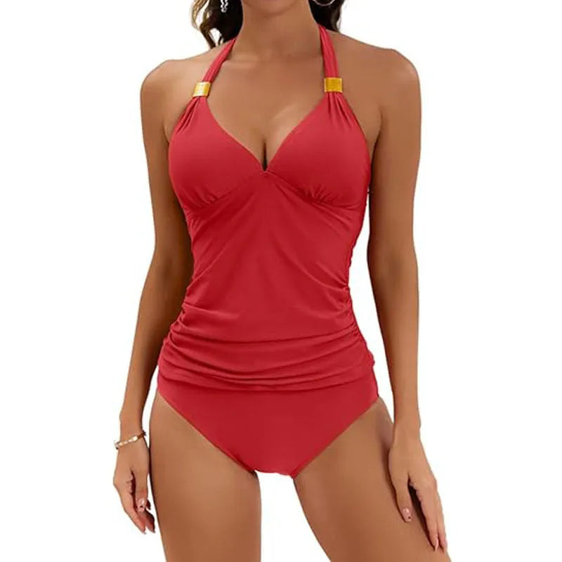 Women's solid colour halter neck bikini set with tie-back and tie-side details.