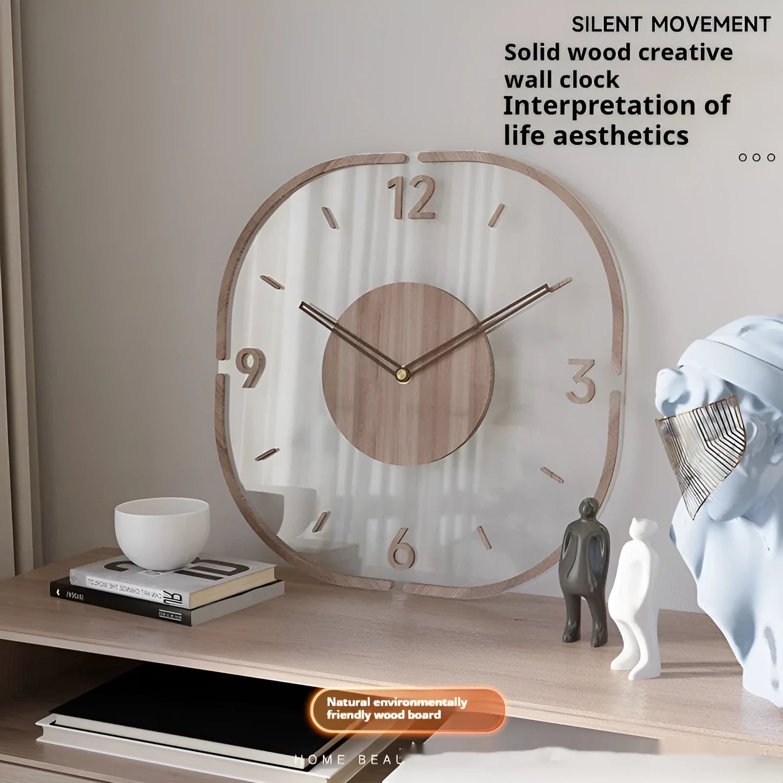 Modern transparent wooden frame wall clock with 35cm square dimensions.