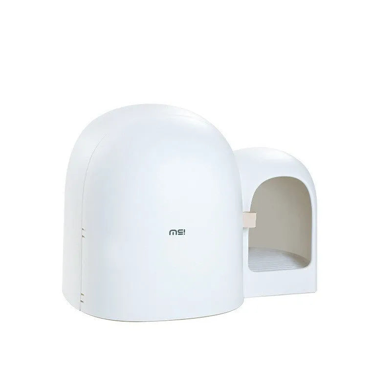 Oversized fully enclosed cat litter box in ABS plastic showing aurora white, moss green, and milk tea colour options.
