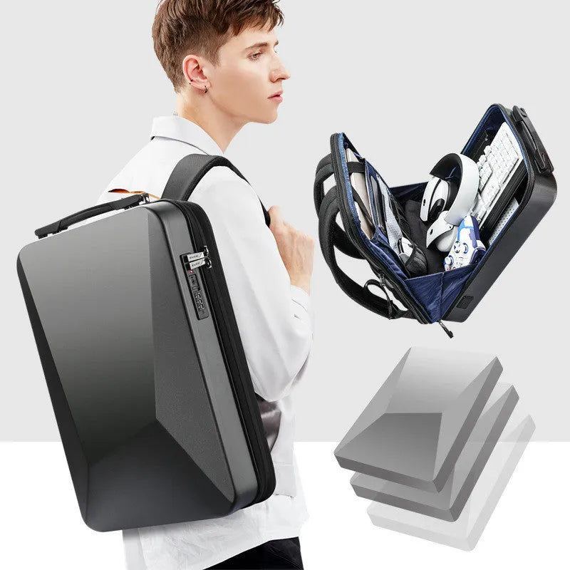 Hard shell PC gaming backpack with multiple compartments and double straps in black or silver colour options