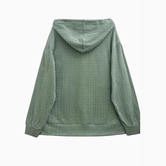 Green women's hooded zip-up sweater coat in loose Japanese Korean casual style