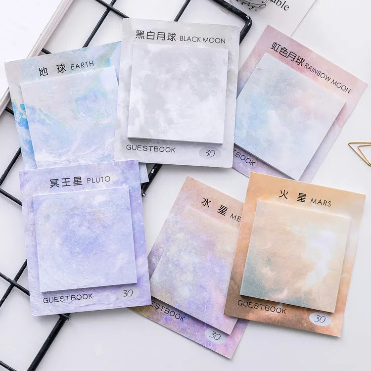 Square planet sticky notes showing Earth, Mars, and Mercury designs at 7.3cm dimensions