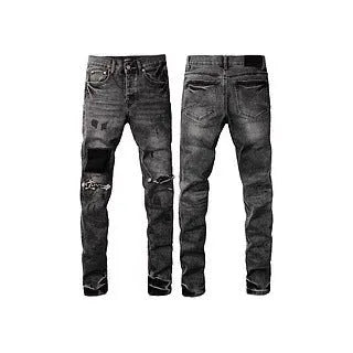 Men's black slim fit stretch jeans with a button fly and straight skinny leg