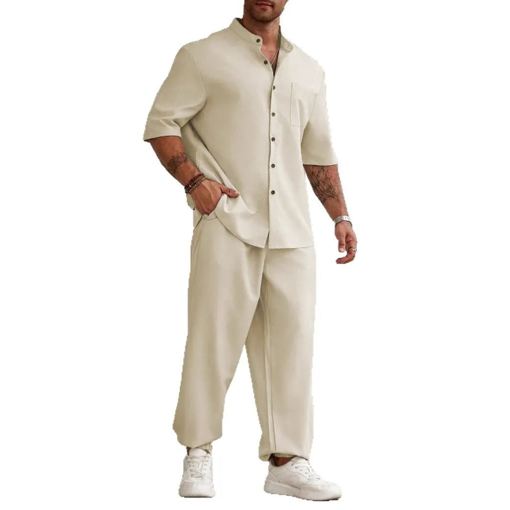 Men's casual apricot cotton linen short-sleeve shirt and trousers set laid flat.