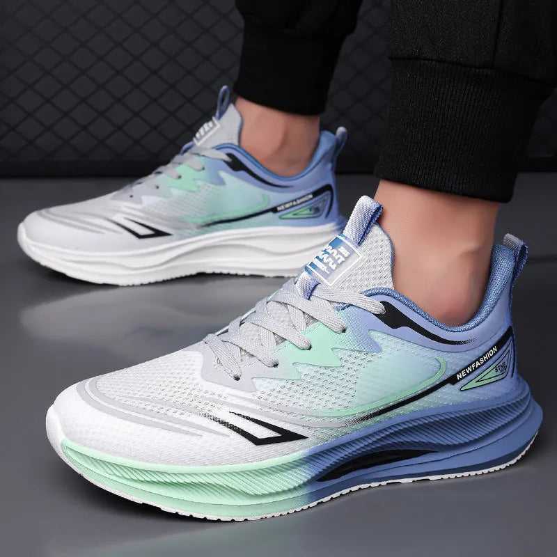 Men's low-top casual shoes in grey green with woven mesh upper and rubber sole.