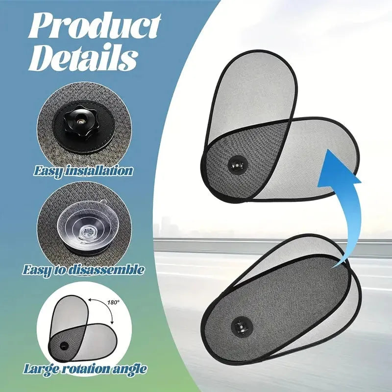 Black stretchy car side window sun shade attached with suction cups, showing adjustable coverage.