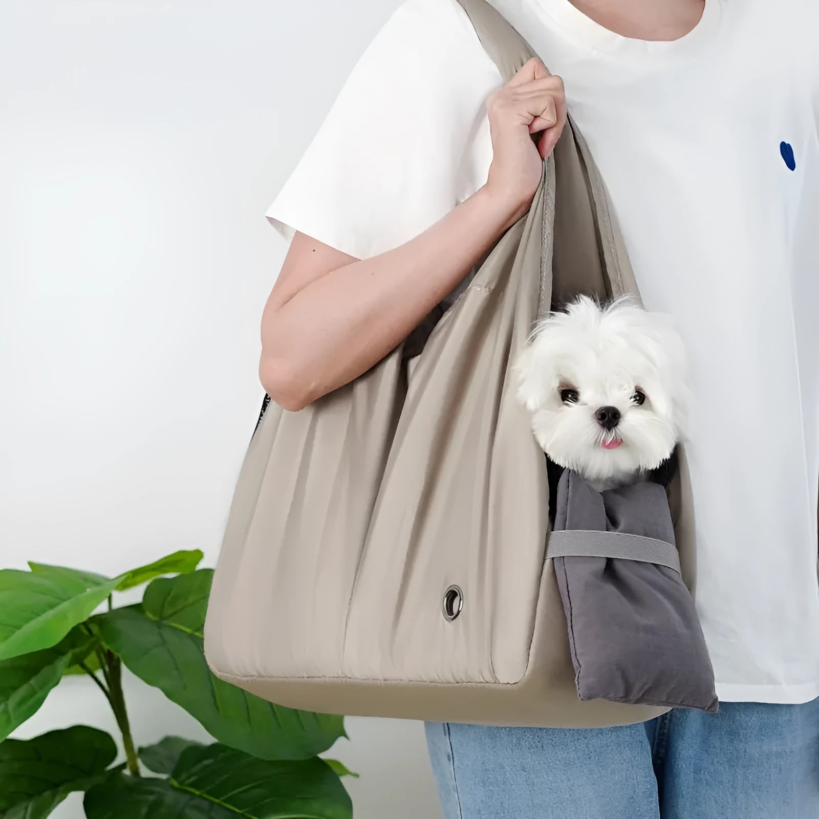 Apricot colour cloth pet carrier handbag with dimensions 41 cm long by 16 cm wide by 28 cm high