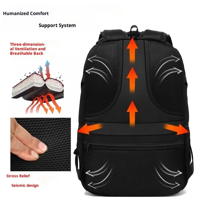 Men's black Oxford cloth waterproof large capacity backpack with curved shoulder straps for travel