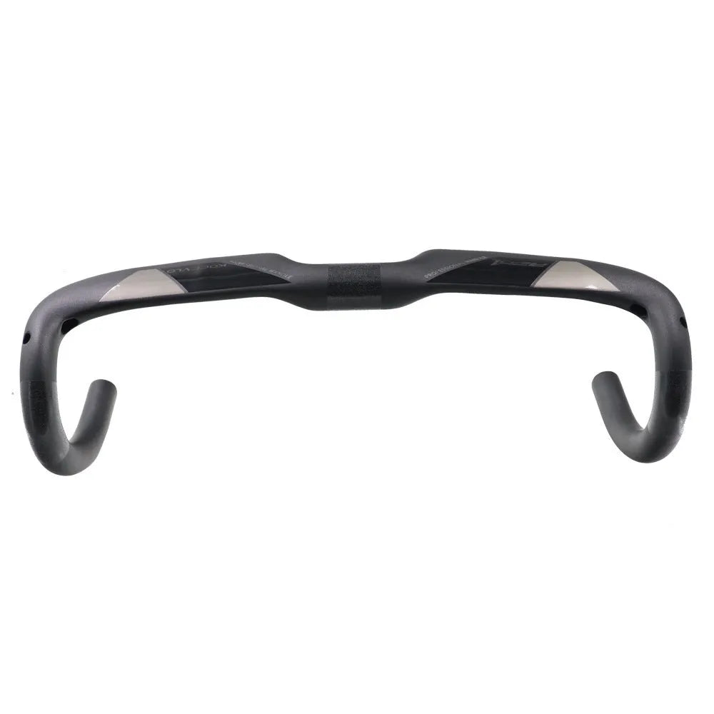 Matt black carbon fibre bent road bicycle handlebar shown from above.