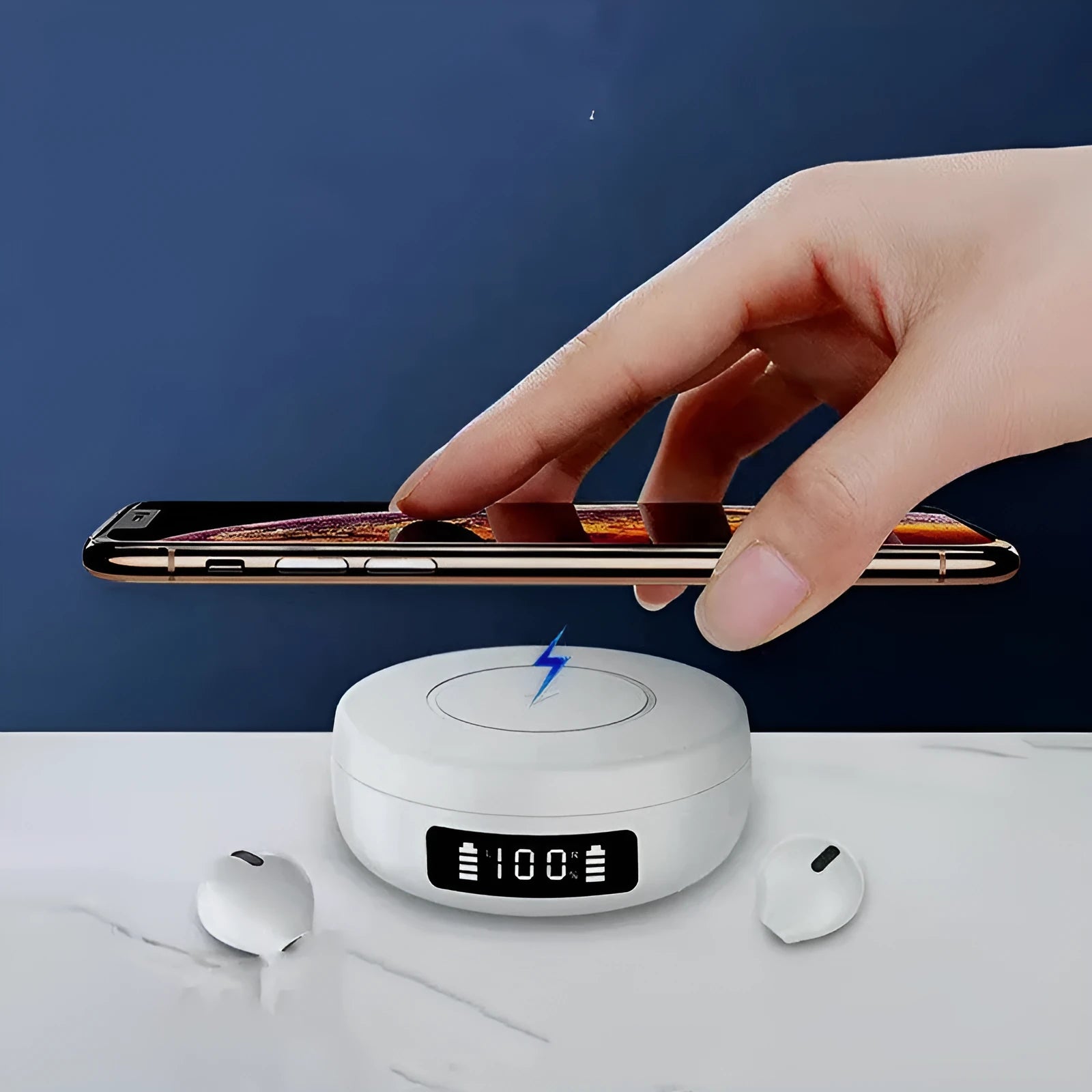 Black wireless Bluetooth earbuds with semi-in-ear design beside their wireless charging case