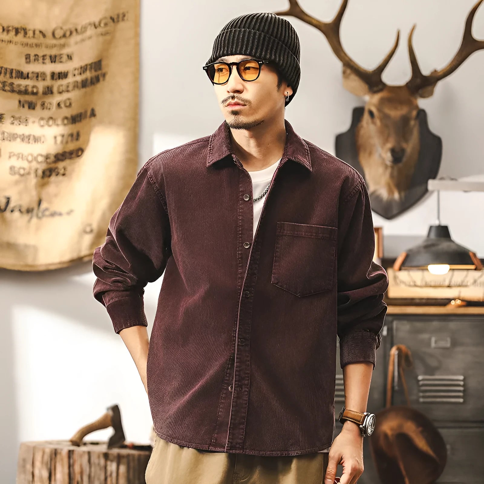 Men's red and black loose-fit corduroy casual shirt jacket with long sleeves