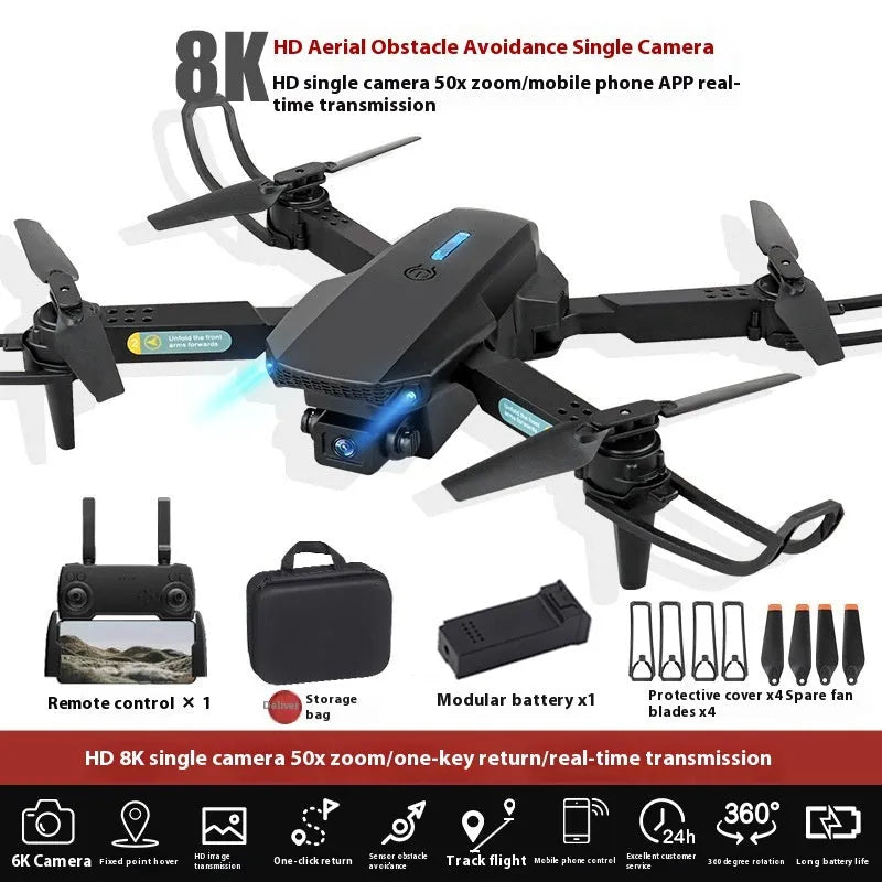 S138 black folding drone with carbon fibre appearance, showcasing folded arms and dual cameras for obstacle avoidance aerial photography.