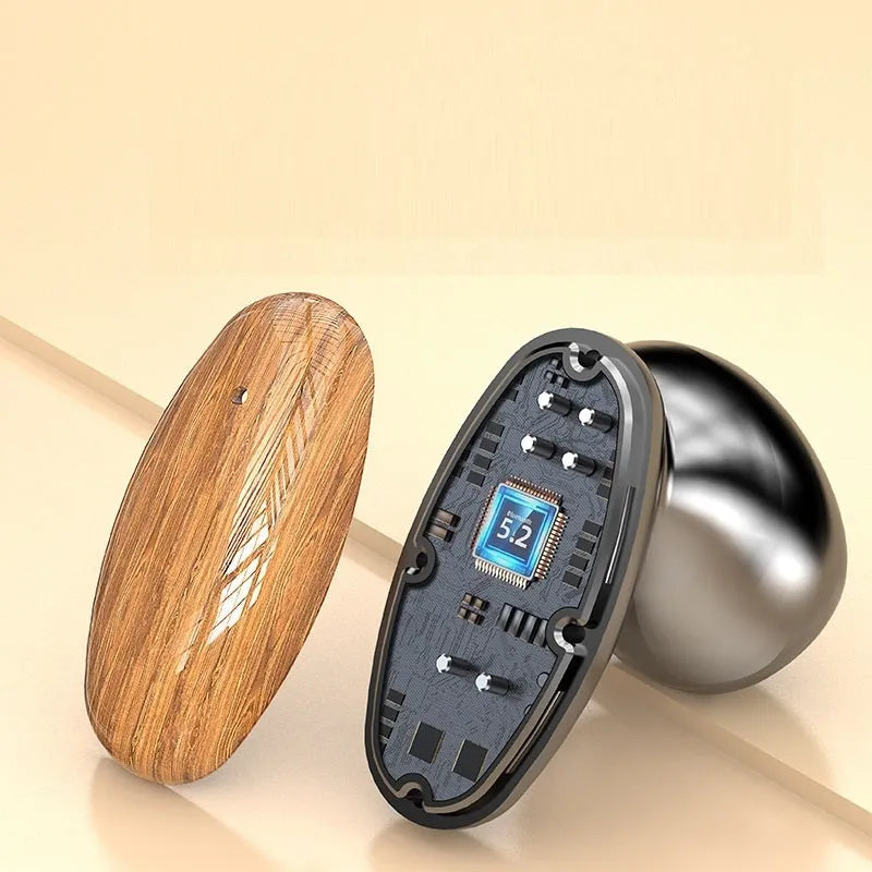 M35 wood grain finish wireless TWS earphones with charging case on display