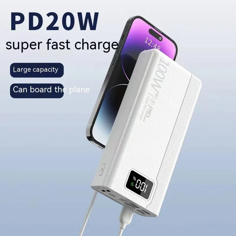 Large capacity power bank in black or white plastic shell with fast charging capability