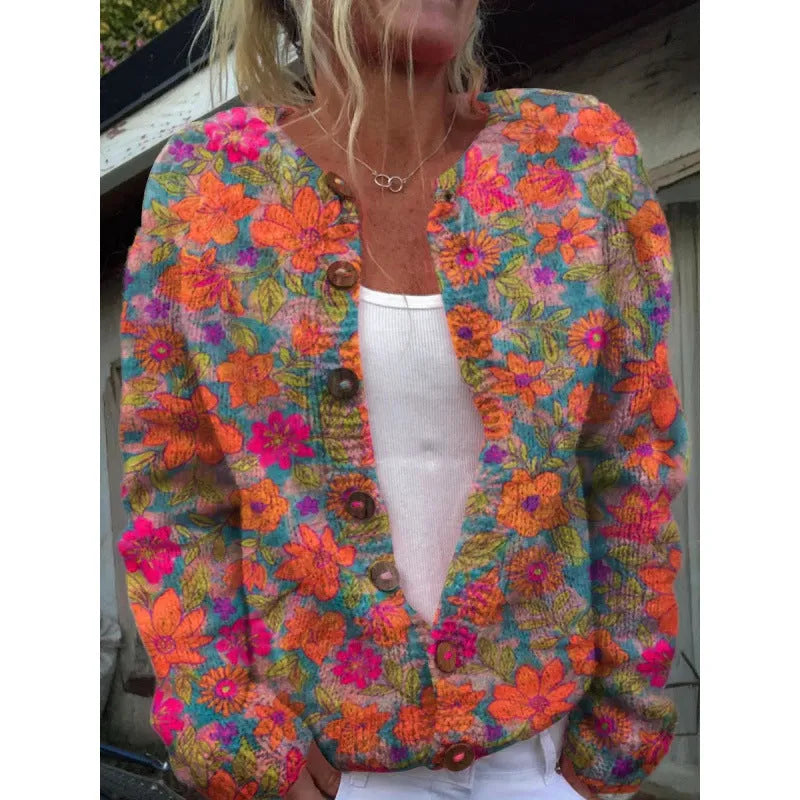 Yellow digital printing cardigan knitted coat with 3D stereo pattern design