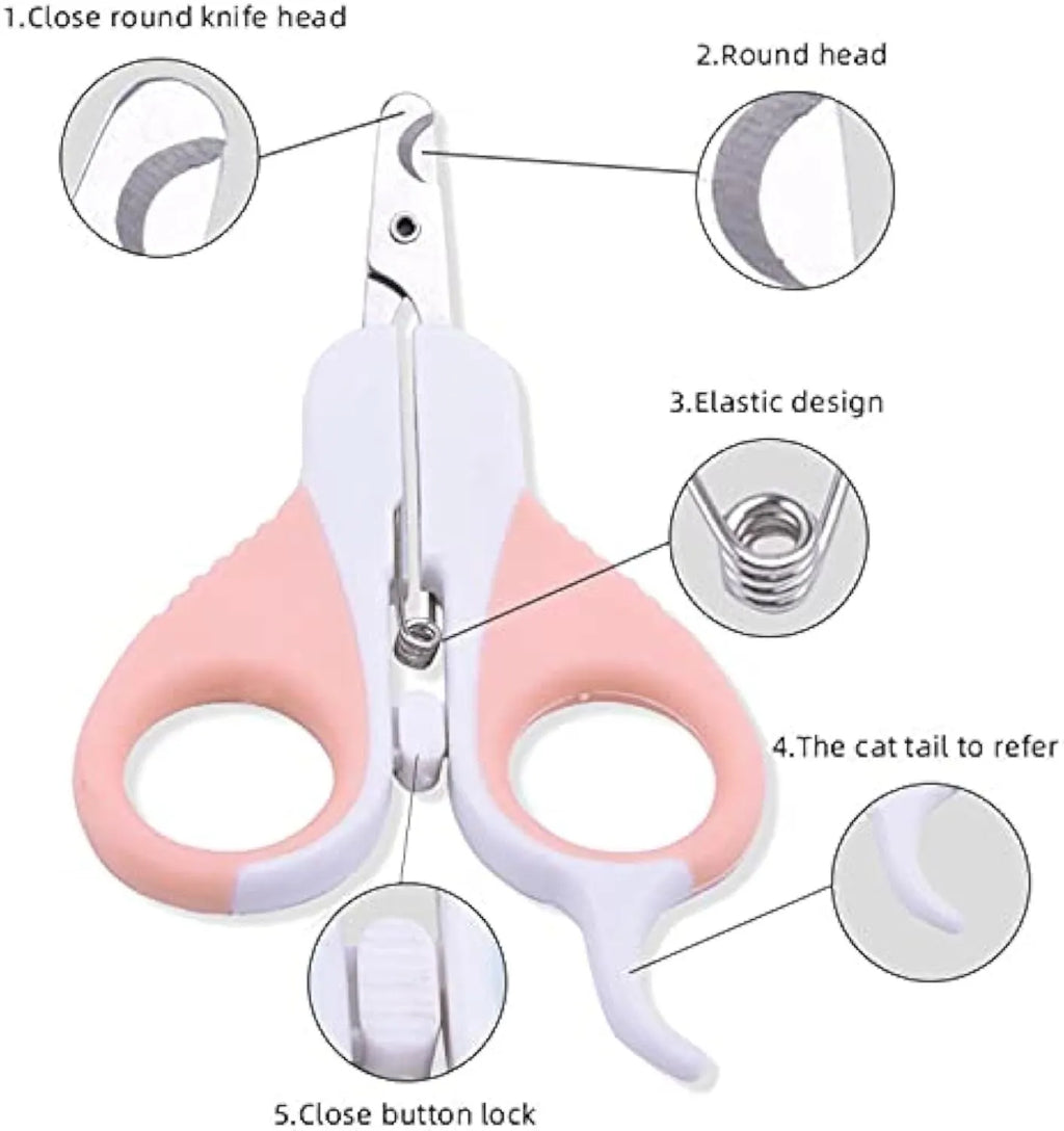 Grey and pink angled cat nail clippers with safety guard for small pets