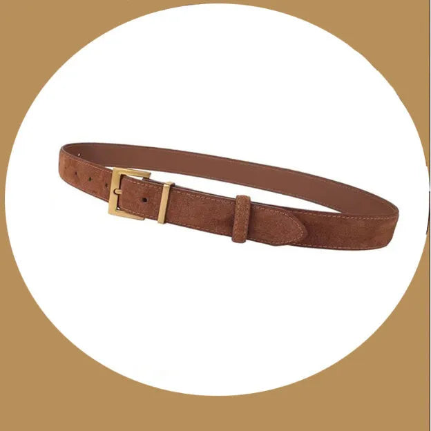 Ladies' black genuine leather belt with a silver quadrilateral pin buckle on a white background.