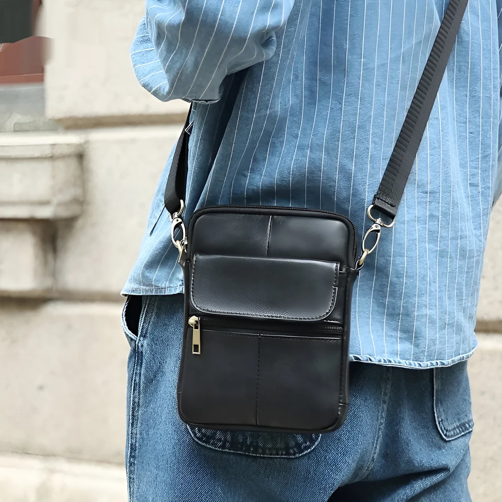 Brown genuine leather crossbody shoulder bag for men with sewing line detailing