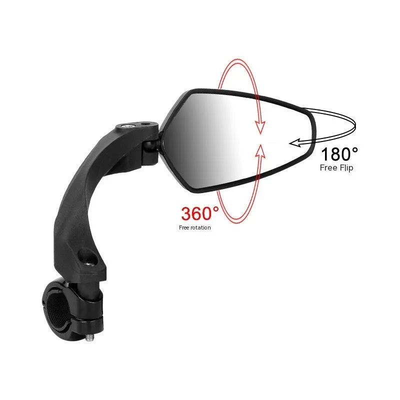 Black rotatable bicycle rearview mirror made of PMMA acrylic for mountain and road bike safety.