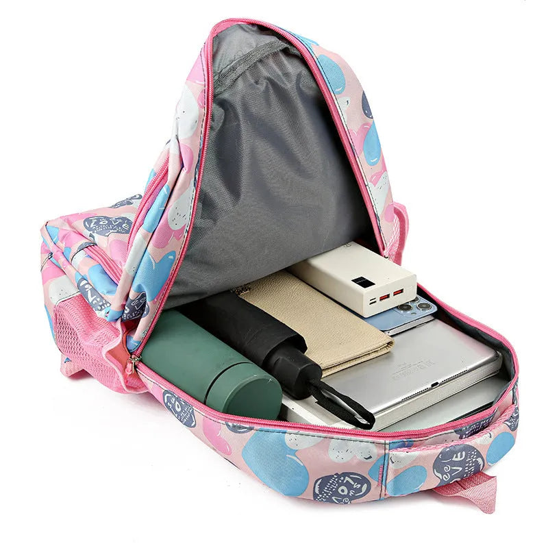 Student schoolbag with air pillow belt system in Oxford cloth, showing large capacity design