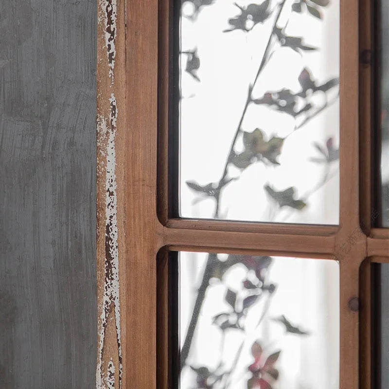 Terrace distressed log colour wooden framed fake window wall mirror, A316 style.