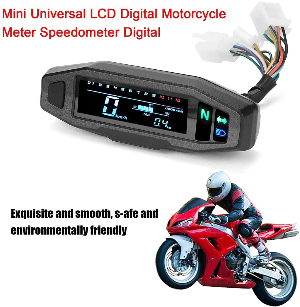 Black motorcycle mini speedometer with LCD display showing speed and oil gauge readings