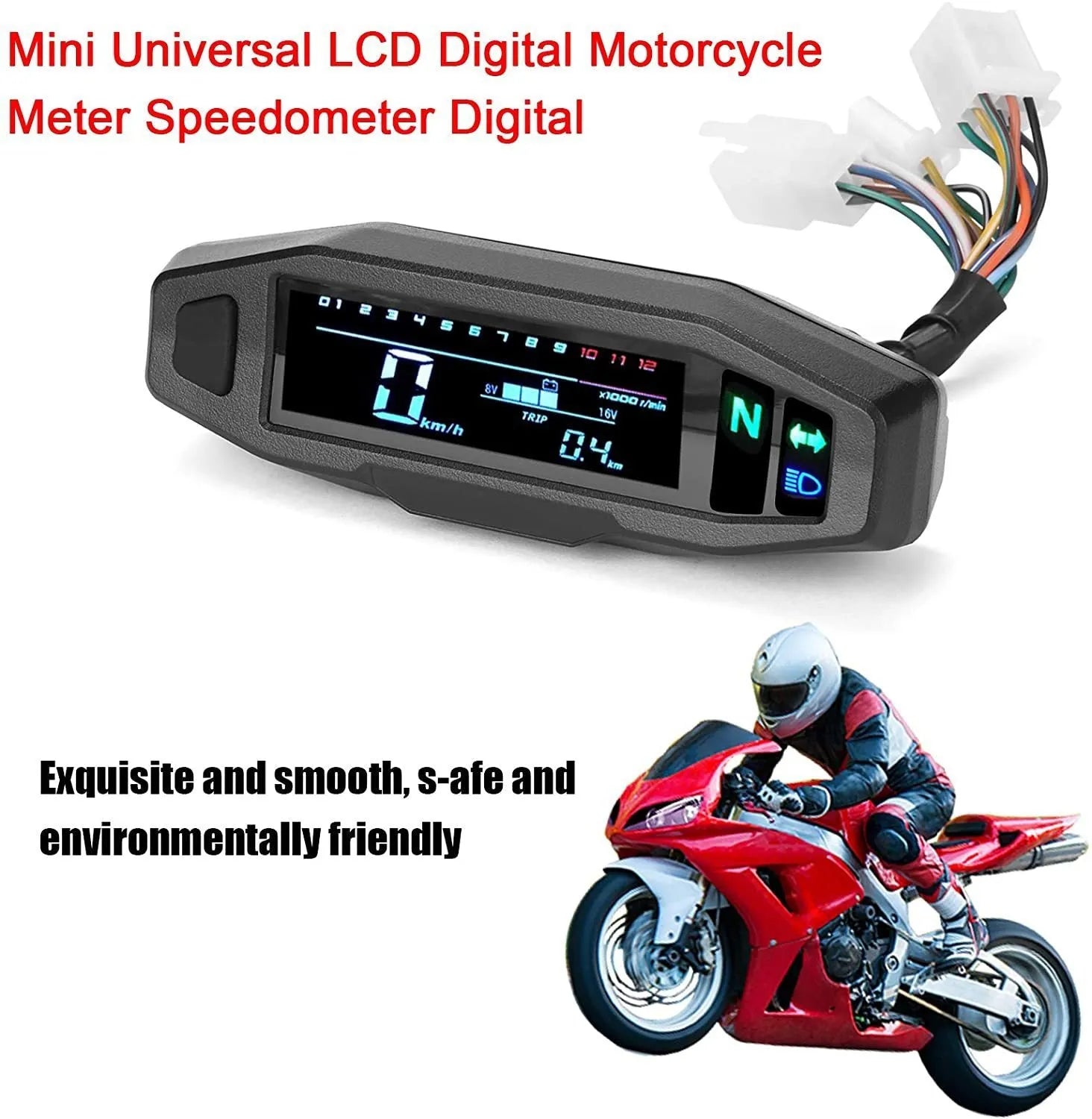 Black motorcycle mini speedometer with LCD display showing speed and oil gauge readings