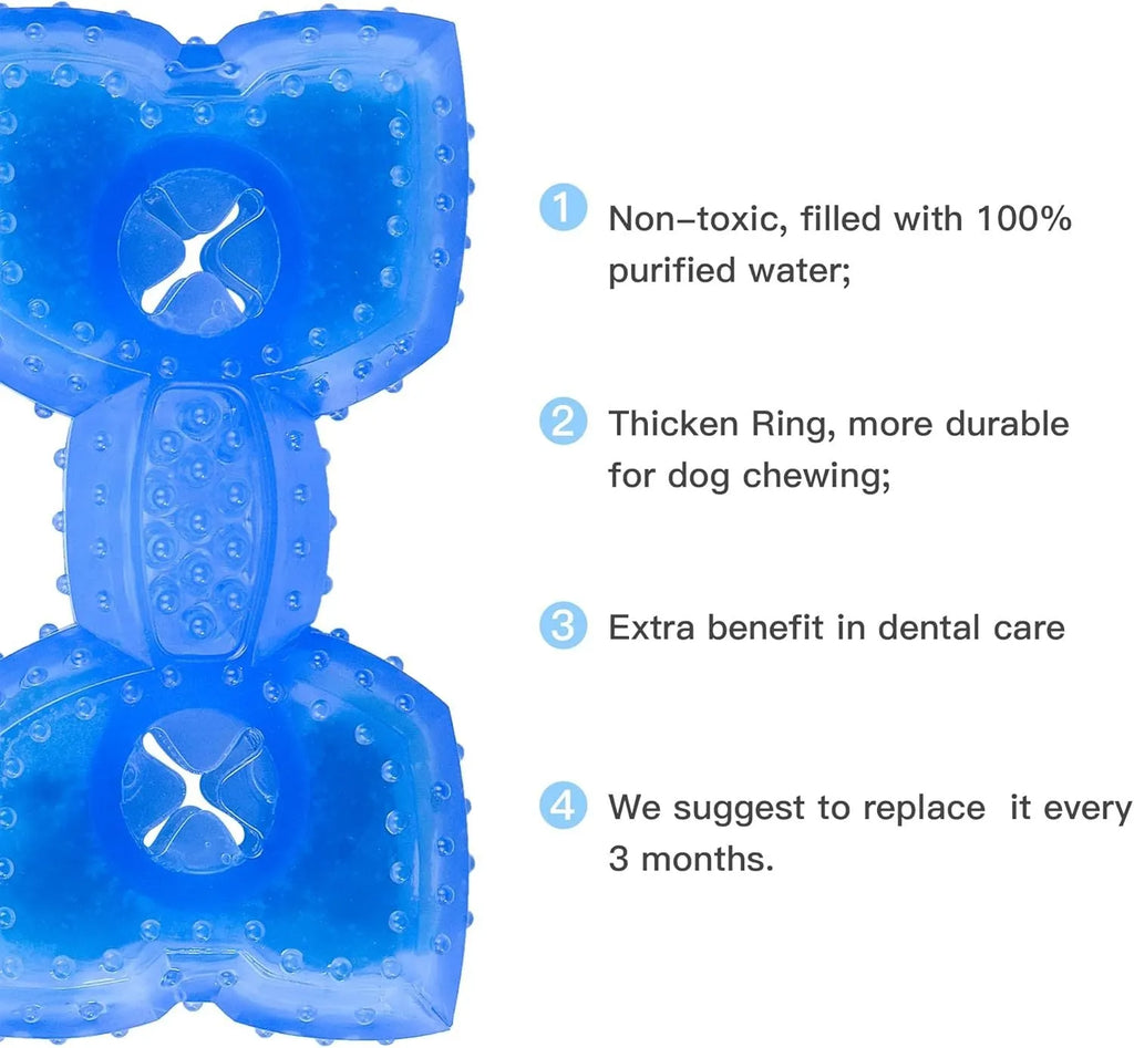 Freezable bone-shaped dog teether chew toy shown next to a circle-shaped version, both with treat-filling holes.