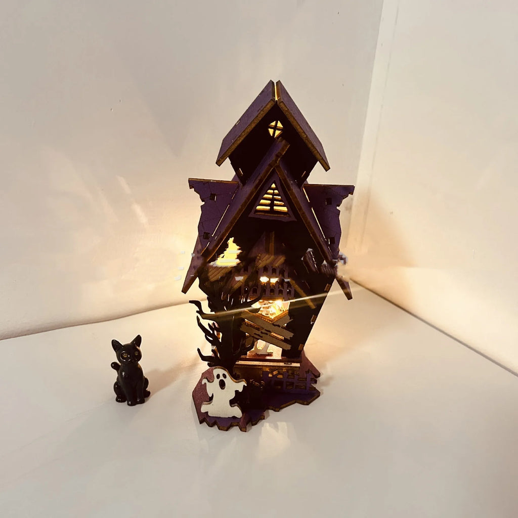 DIY wooden glowing haunted house Halloween table decoration for candles