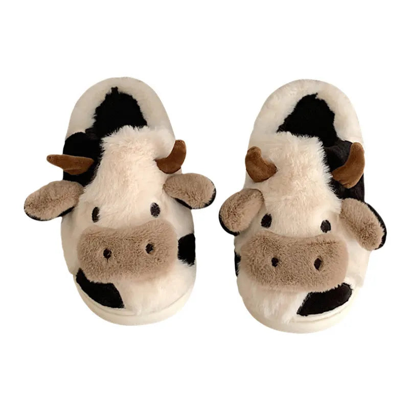 White cartoon cow plush slippers for women with non-slip textured PVC soles