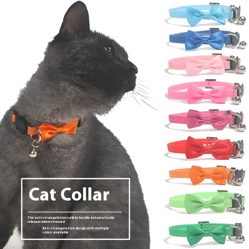 Striped adjustable bow tie cat collar with bell in multiple colour options on nylon ribbon