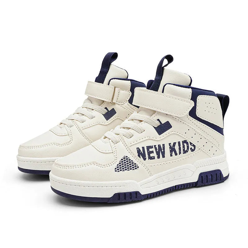 Children's colourful street sneakers with a buckle and letters pattern in beige green, blue, white, or purple.