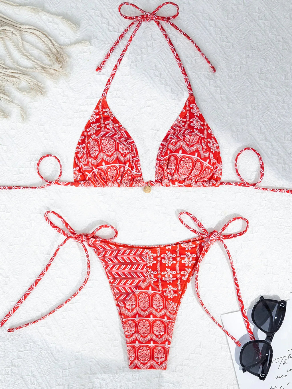 Women's split bikini swimsuit with bandage briefs and decorative printing in polyester fabric