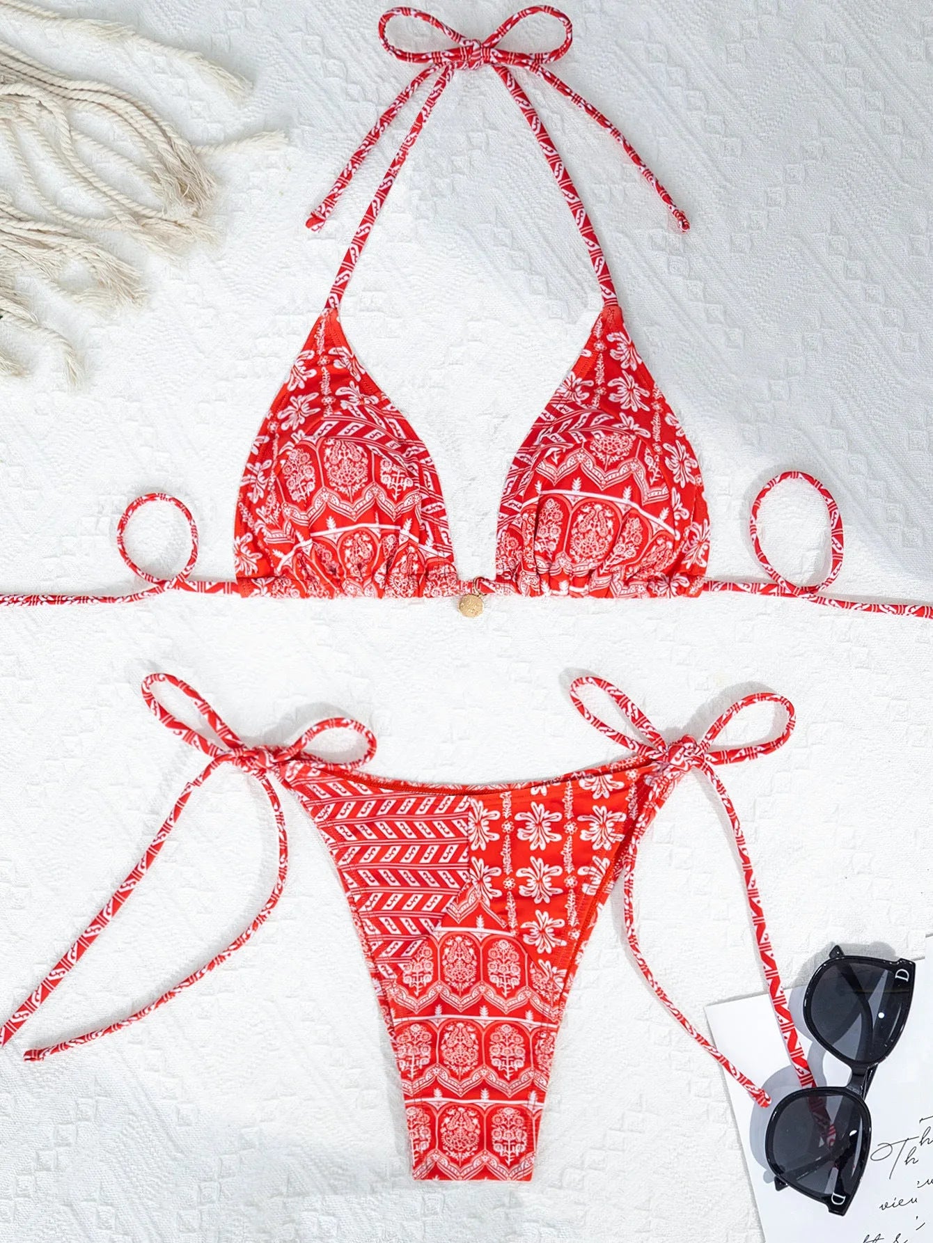 Women's split bikini swimsuit with bandage briefs and decorative printing in polyester fabric
