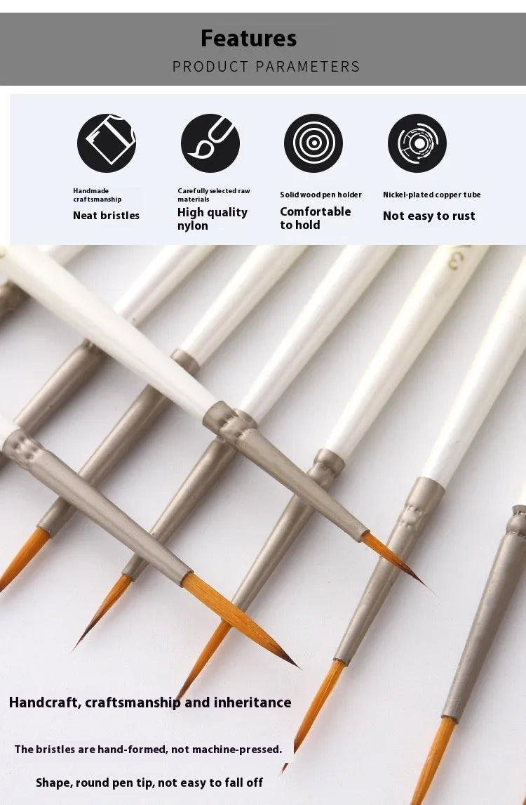 Pearl white 12-piece artist brush set with nylon wool bristles and solid wood pen holder